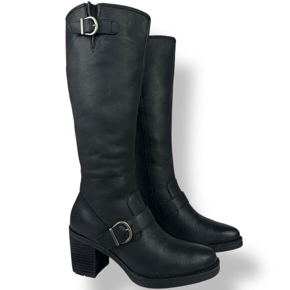 Born Debra Riding Campus Boots Tall Knee High Heeled Black Leather Moto Biker 9 - Picture 2 of 13